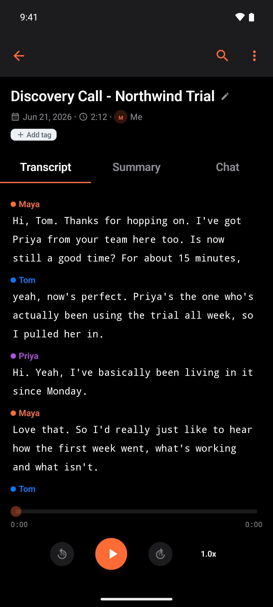 AudioScribe transcript with color-coded speakers on an Android phone