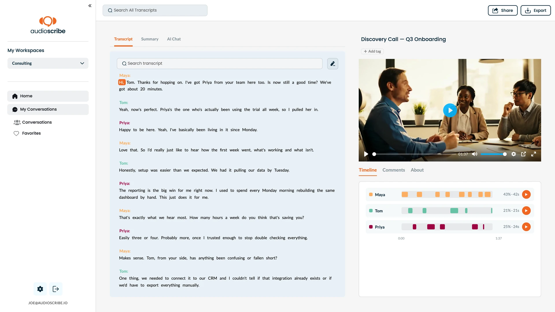 AudioScribe web app showing a recorded meeting with video, transcript, and speaker timeline